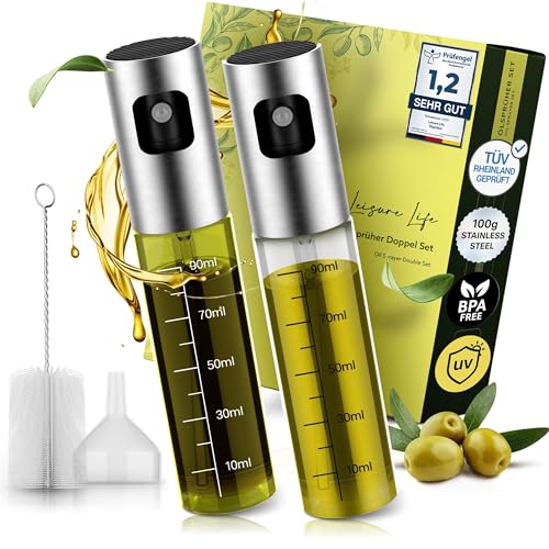 Leisure Life® | NEUEINFÜHRUNG | 2er Set Ölsprüher |〖Verstärkter〗Edelstahlmantel | UV-Schutzglas | BPA-frei | 100 ml Ölzerstäuber für Olivenöl & gesundes Kochen von Leisure Life