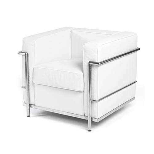 Le Corbusier Style LC2 Klubsessel, Sofa (1 Sitzer), Kissen mit rostfreiem Stahlrahmen, echtes Leder, Weiß von LeisureMod