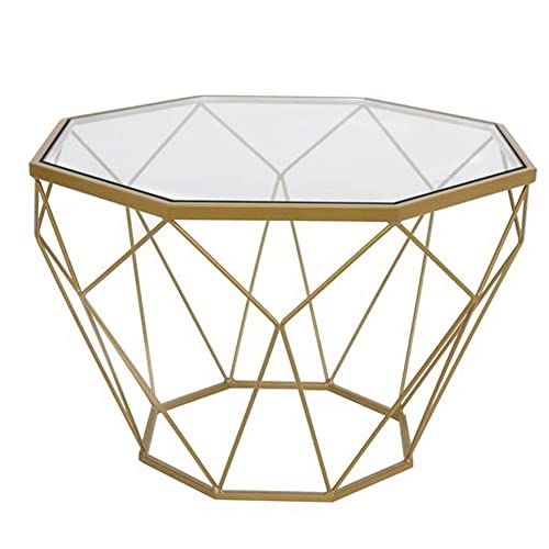 LeisureMod Malibu Moderner Couchtisch mit achteckiger Glasplatte und goldfarbenem geometrischem Sockel von LeisureMod