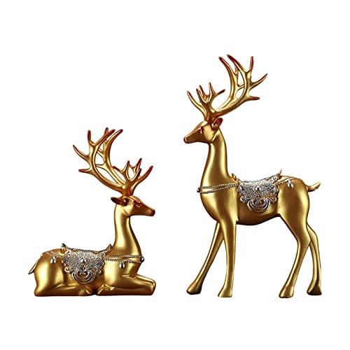 Leisurealeaneag 2 Stück Rentierfiguren Harz Hirsch Statuen für Heimdekoration Geschenk Gold von Leisurealeaneag