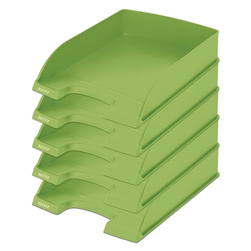 Leitz Briefablage A4, 5er Pack, 100 % recyclebar, stapelbare Ablagefächer, klimakompensiert, Blauer Engel, Recycle-Sortiment, Grün, 52275050 von Leitz