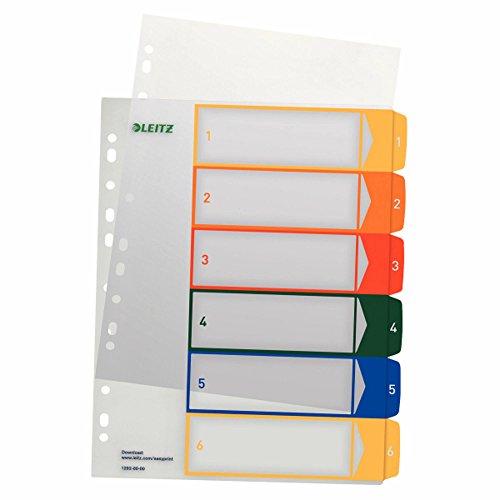 Leitz 12920000 PC-beschriftbares Register, A4, Polypropylen, 1-6, mehrfarbig (15er Pack) von Leitz