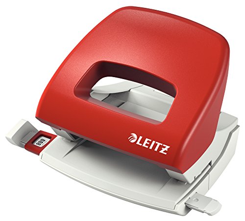 Leitz Kleiner Büro Locher aus Metall, 16 Blatt, Anschlagschiene mit Formatangaben, Ergonomisches Design, rot, 50380025 von Leitz