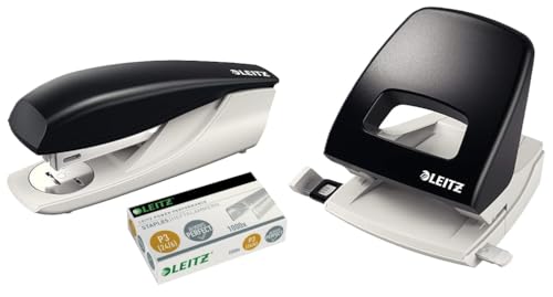 Leitz NeXXt Bürotacker aus Metall, Für 30 Blatt, Ergonomisches Design mit Nachfüllanzeige, Inkl. Heftklammern, Schwarz, 55000095 (Set mit Locher und Klammern, 30 Blatt) von Leitz