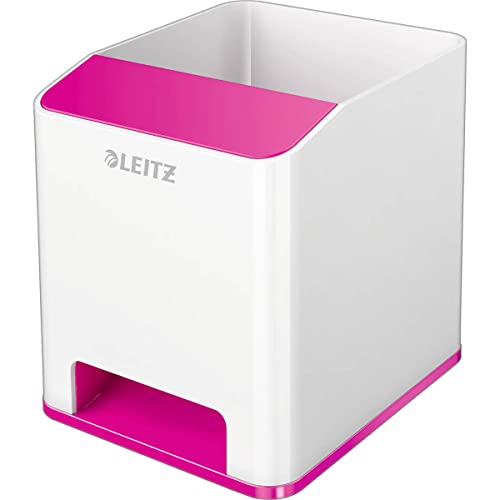 Leitz Sound Stifteköcher mit Soundverstärkungsfunktion, Stiftehalter inkl. Smartphone Fach mit Soundverstärkungsfunktion, Weiß/Pink, Duo Colour, WOW, 53631023 von Leitz