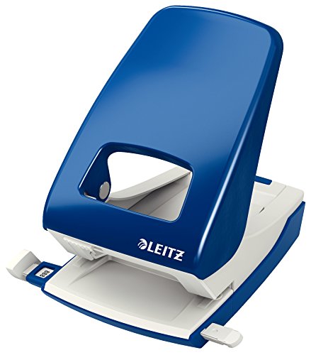 Leitz Starker Büro Locher aus Metall, Für 40 Blatt, Anschlagschiene mit Formatangaben, Ergonomisches Design, blau, 51386035 von Leitz