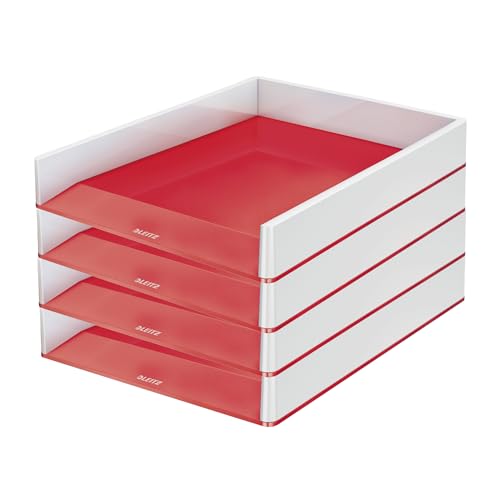 Leitz WOW A4 Briefablage, 4er Pack, Briefablage in Premium-Qualität, Stapelbares Ablagefach als Schreibtisch-Organizer, Ideal für Büro, Home Office & Schule, Rot, 53611026 von Leitz