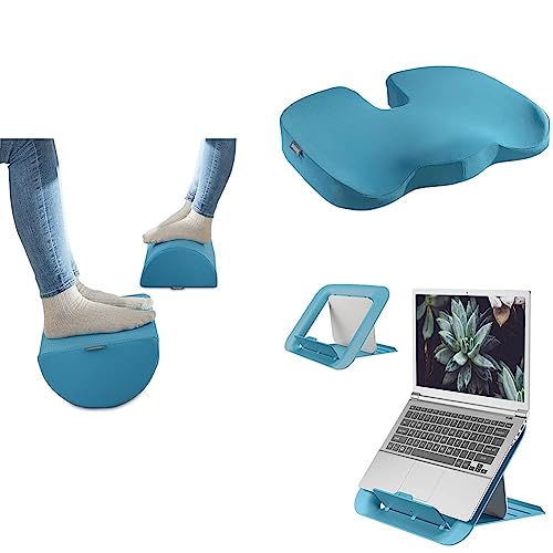 Set Leitz Schreibtisch-Fußstütze + Sitzkissen + Laptopständer, ideal im Home Office, reduzieren Nacken- & Rückenschmerzen, Schaumstoff mit Stoffbezug, IGR-zertifiziert, Ergo Cosy Serie, Sanftes Blau von Leitz