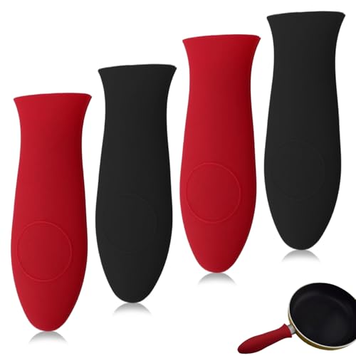 Deckung mit Pfannengriffe 4pcs Wärme-resistente Anti-Scald-Topf- und Pfannegriffhülle mit hängenden Loch-Silikonabdeckung zum Kochen, 2 rot + 2 schwarze Pfannenhülle von Lejelyma