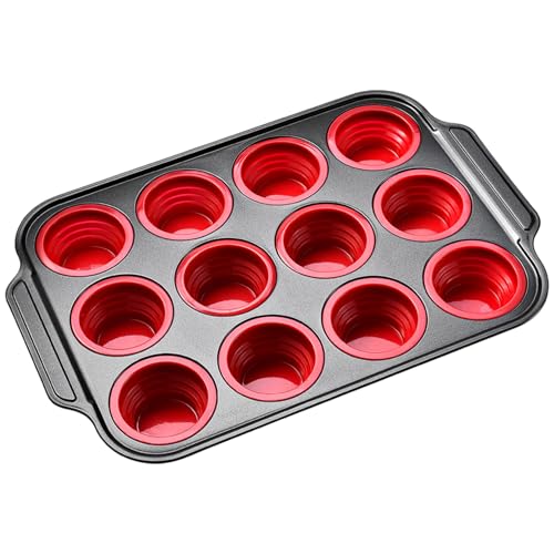 Lejelyma Muffinpfanne 12 Kompartiment Silikon & Edelstahl Muffin-Dose mit Griffe nicht hitzebeständige Cupcake-Pfanne für Zuhause von Lejelyma