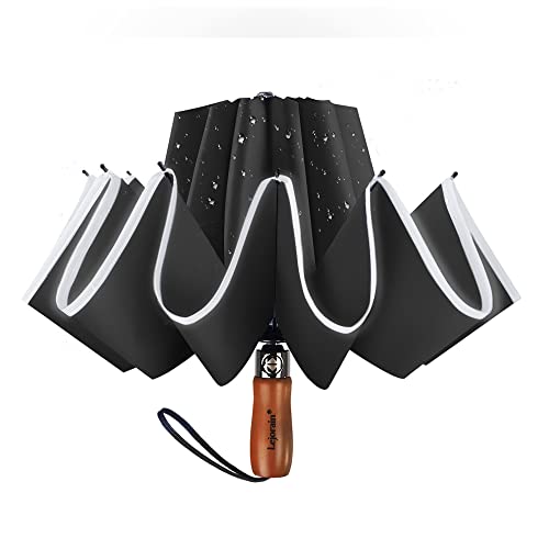 Großer Umkehr-Regenschirm, 127 cm, Winddicht - Klein Kompakt Sturmfest - Damen Herren Taschenschirm - Automatischer Faltschirm Mit Reflektorstreifen (Black) von Lejorain