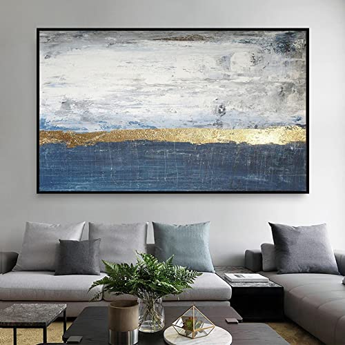 Abstarct Blue Gold Foil Ocean Wave Oil Painting on Canvas Modern Home Decor Horizontal Wall Art Picture Decor 48x32inch/120x80cm with-Black-Frame von Leju Art