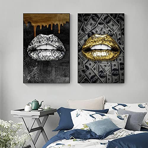 Abstrakte schwarze goldene Lippen Bild Dollar Hintergrund Leinwand Malerei Moden Poster Dekor Druck für Wohnzimmer Wandkunst 70x100cm(27,6x39,4in) x2 Rahmenlos von Leju Art