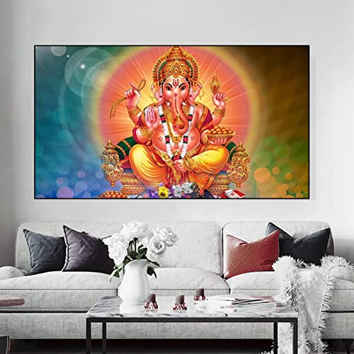 Abstrakter Elefant Gott Vintage Hindu Lord Ganesha Leinwand Gemälde Drucke Wandkunst Bilder Wohnkultur 80 x 100 cm (32 x 39 Zoll) innen gerahmt und fertig zum Aufhängen von Leju Art