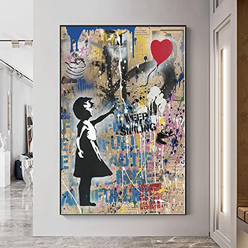 Banksy Bunte Liebesherzen Graffiti Wandkunst Leinwand Malerei Poster und Drucke Abstrakte Bilder für Wohnzimmer Dekor 60X80cm (24x31in) Rahmenlos von Leju Art