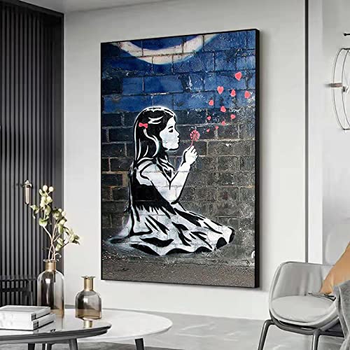 Banksy Graffiti Art Girls Poster und Drucke, moderne Straße, Leinwand, Wandkunst, Bild für Büro, Raumdekoration, Geschenk, 80 x 120 cm/32 x 48 Zoll – mit schwarzem Rahmen von Leju Art