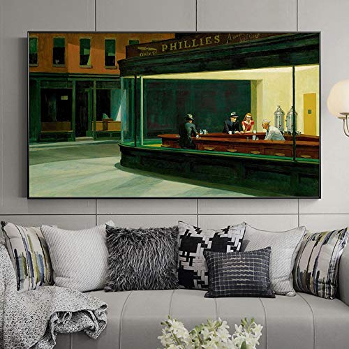 Berühmtes Gemälde Edward Hopper Nighthawks Leinwand Poster und Drucke Wandkunst für Wohnzimmer Großes Kunstwerk 48"x24"(122x60cm) Innen gerahmt von Leju Art