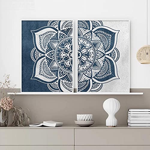 Blau Grau Mandala Gedruckt Leinwand Malerei Minimalistische Blumenmuster Wandkunst Poster Bilder für Wohnzimmer Schlafzimmer Wohnkultur 70x100cm(27,6x39,4in) x2 Rahmenlos von Leju Art