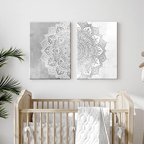 Böhmen Mandala Wand Kunstdruck Beige Grau und Weiß Leinwand Malerei Poster Bild Yoga Wohnzimmer Home Interior Decor 60x80cm (23,6x31,5in) x2 Rahmenlos von Leju Art