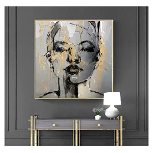 Fashion Women Wall Art Painting Figure Posters and Prints Wall Picture Abstract Decor Golden Girl Face Canvas Artwork 36x36inch/92x92cm withGoldenFrame von Leju Art