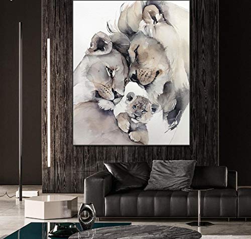 Gemälde auf Leinwand Große Poster und Drucke für Wohnzimmer Tier Löwenfamilie Abstraktes Bild für Inneneinrichtung 60x80cm (23,6x31,5in) Rahmenlos von Leju Art