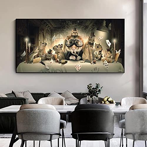 Gentleman's Eichhörnchen am Tisch Leinwand Gemälde Poster und Tiere spielen Poker Drucke Wandkunst Wohnzimmer Bild 35X70cm (13.8x27.6in) Rahmenlos von Leju Art