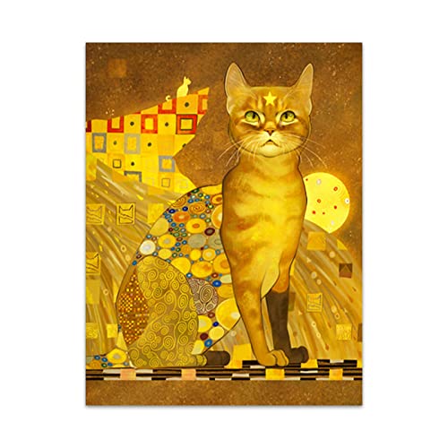 Goldene Katze Leinwand Gemälde Gustav Klimt Kunstwerk Druck Retro Poster Tier Wandbilder für Wohnzimmer Dekoration 70x90cm (28x35in) Rahmenlos von Leju Art