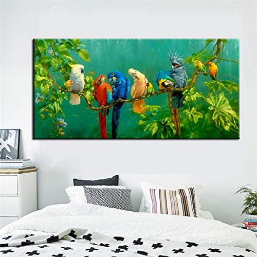 Große Größe Gedruckte Leinwand Gemälde Bunte Braut Papageien Druck Poster für Wohnzimmer Übergroße Wandkunst Bild Wohnkultur 70x140cm (27.6x55.1in) Rahmenlos von Leju Art