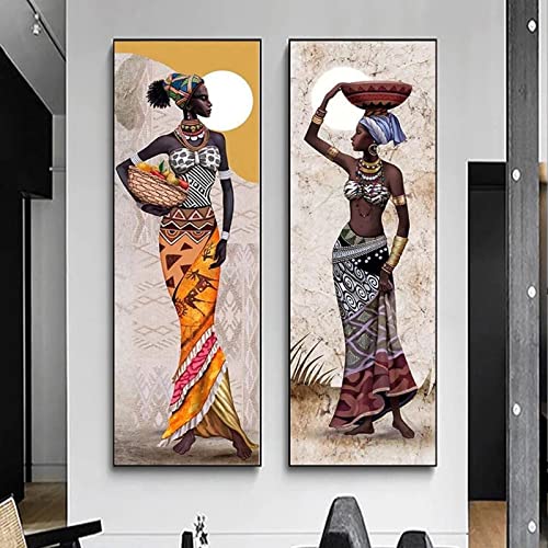 Großes Porträt Afrikanische Frauen Bedruckte Leinwand Gemälde Vertikale Poster Wandkunst Wohnzimmer Home Artwork Dekoration 30x90cm(11.8x35.4in) x2 Frameless von Leju Art