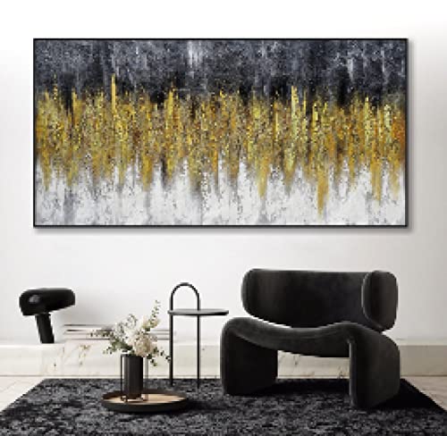 Großes abstraktes Gemälde, modernes Schwarz-Gold, Wandkunst, Bilddruck, Leinwand, Poster, Kunstwerk für Wohnzimmer, Heimdekoration, 75 x 152 cm/30 x 60 Zoll mit schwarzem Rahmen von Leju Art