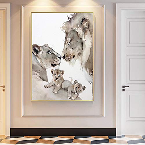 Leinwand Kunstwerk Abstrakte Löwenfamilie Malerei Moderne Poster und Drucke Wandkunst Bilder für Wohnzimmer Dekoration 70x100cm Rahmenlos von Leju Art