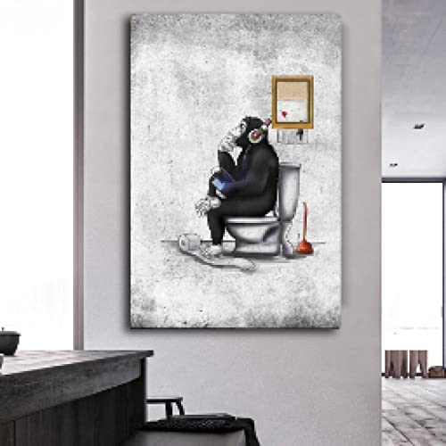 Leju Art Banksy-Leinwandbild, Gorilla mit Kopfhörern, sitzend auf der Toilette, lustige Tierbilder von Banksy für das Badezimmer, 50 x 75 cm, innen gerahmt, groß von Leju Art