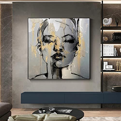 Leju Art Frauen Wandkunst Malerei Figur Poster und Drucke Wandbild Abstraktes Dekor Goldenes Mädchen Gesicht Leinwand Kunstwerk 36x36inch/92x92cm with-Black-Frame von Leju Art