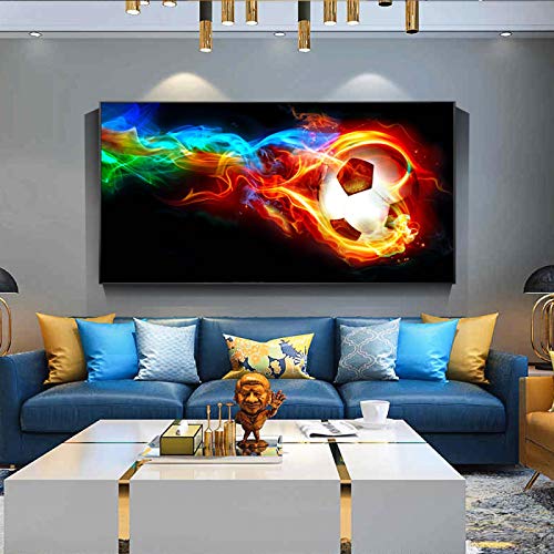 Leju Art Fußball auf Feuer-Leinwand, moderne Regenbogenwolke, Wandposter und große Drucke, Fußball-Gemälde für Wohnzimmer, 85 x 170 cm (33,5 x 66,9 Zoll), rahmenlos von Leju Art