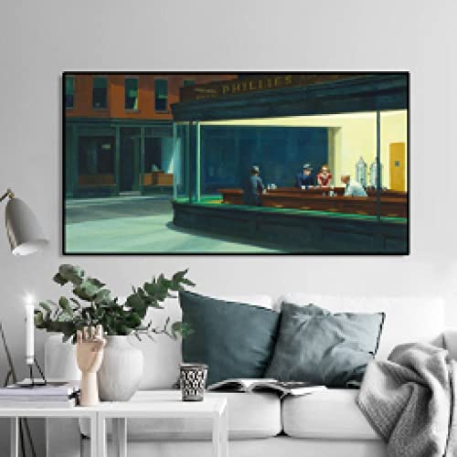 Nighthawks von Edward Hopper, Wandkunst, Gemälde, Leinwand, Poster und Drucke, Bilder für Wohnzimmer, groß, 183 x 91 cm/72 x 36 Zoll mit schwarzem Rahmen von Leju Art