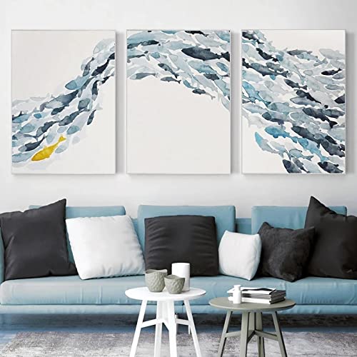 Nordic Aquarell Fischgruppe Leinwand Gemälde Moderne Wandkunst Bilder Poster und Druck Minimalistische Wohnkultur 60x90cm(24x36in) x3 Gerahmt und fertig zum Aufhängen von Leju Art