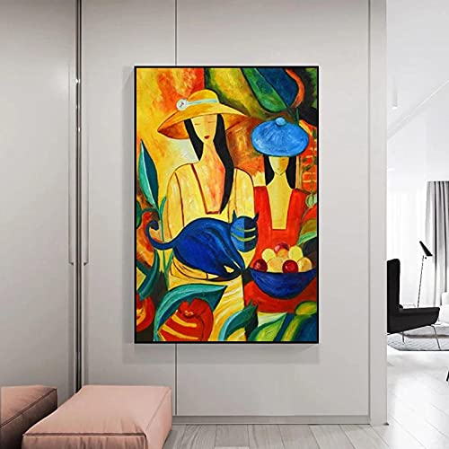 Picasso Berühmtes Gemälde Reproduktion Moderne Leinwand Wandmalerei Sanfte Frauen mit Katze Berühmter Charakter ArtWorks 36x51inch/90x130cm mit schwarzem Rahmen von Leju Art