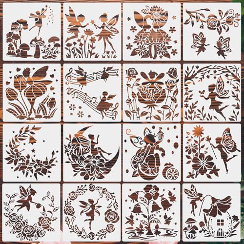 16 Stück Fee Schablonen Set für Malerei, Fee Blumen Muster DIY Zeichnung Vorlage, wiederverwendbare Kunststoff Schablonen für Scrapbooking Boden Wand Leinwand Stoff Dekor (15x15cm) von Lekabee