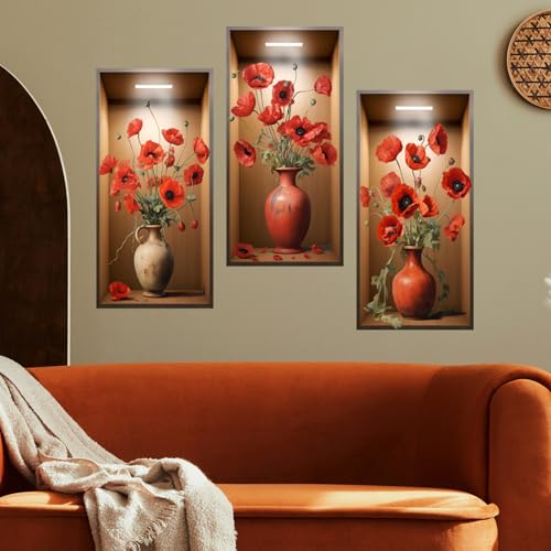 3D Grüne Pflanzen Wandaufkleber,3pcs 3D Vasen Blumen Wandaufkleber Abziehbilder für Wohnzimmer Schlafzimmer Küche Dekor,3D Rote Blumen Aufkleber von Lekabee