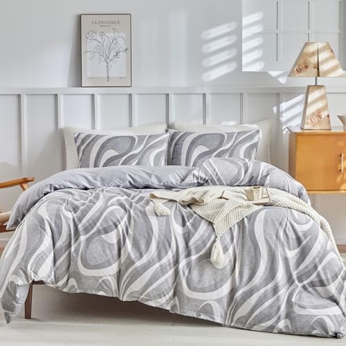 Lekesky Bettbezug für 150 cm breites Bett, 220 x 240 cm, mit Wellenmuster, Mikrofaser, 3-teilig, Set mit 1 Bettbezug 220 x 240 cm und 2 Kissenbezügen 50 x 75 cm, Grau Lekesky Bettbezug für 150 cm breites Bett, 220 x 240 cm, mit Wellenmuster, Mikrofaser, 3-teilig, Set mit 1 Bettbezug 220 x 240 cm und 2 Kissenbezügen 50 x 75 cm, Grau von Lekesky