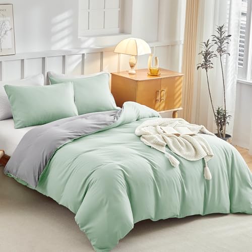 Lekesky Bettwäsche-Set für Doppelbett, Salbeigrün – weiches Mikrofaser-Doppel-Bettwäsche-Set (1 x Bettbezug, 2 x Umschlag-Kissenbezüge), Reißverschluss-Design-Bettwäsche-Set 200 x 200 cm, Salbeigrün von Lekesky