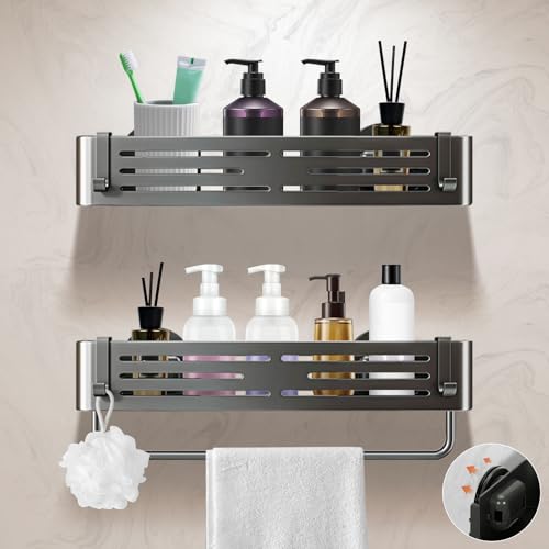 Lekesky Dusch-Caddy, Saugnapf, Badezimmer-Regal ohne Bohren mit Handtuchstange, Aluminium, rostfrei, Badezimmer-Dusch-Aufbewahrung, Organizer, abnehmbar mit 12 Haken (2 Stück, Gunmetal Gray) von Lekesky