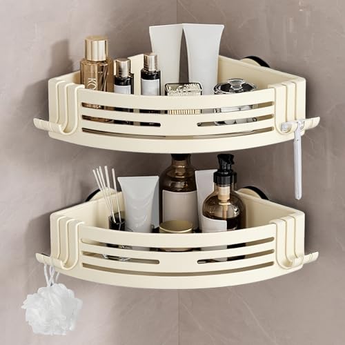 Lekesky Duschablage Ohne Bohren Ecke, Starke Saugnäpfe, Aluminium & Rostfrei, Abnehmbar Badezimmer Regal Duschregal für Bad Küche Mietwohnung (2er Set, Cremefarben) von Lekesky