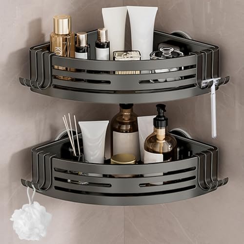 Lekesky Duschablage Ohne Bohren Ecke, Starke Saugnäpfe, Aluminium & Rostfrei, Abnehmbar Badezimmer Regal Duschregal für Bad Küche Mietwohnung (2er Set, Gunmetal Grau) von Lekesky