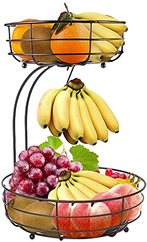 Obstkorb 2 Stöckig Obstschale mit Bananenbügel Arbeitsplatte Metall Obstschale Lagerung Küchenregal hält Obst und Gemüse frisch (Bronze) von Lekind