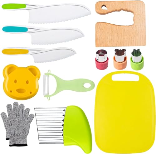 Leking 13 Pcs Kinder Messer Set mit Handschuhen Schneidebrett Bär Sandwich Cutter Obst Gemüse Cutters gezackte Kanten Kunststoff Kleinkinder Messer für echtes Kochen von Leking