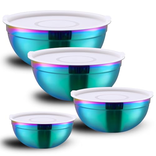 Lekoton 4-teiliges Regenbogen-Edelstahl-Rühr- und Servierschüssel-Set mit luftdichtem Deckel, unzerbrechliche tiefe Suppenschüssel von Lekoton