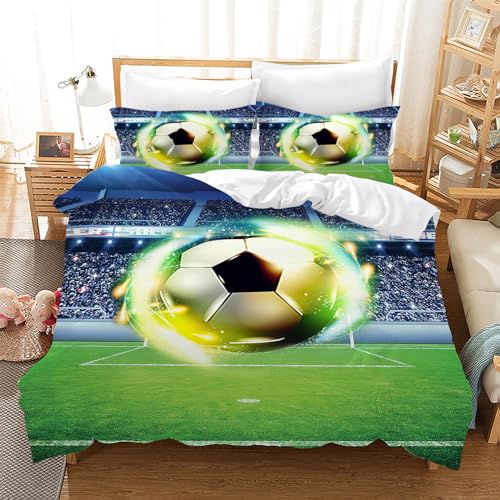 Leleyouzer 3D Fussball Bettwäsche Set,Fußball Bettwäsche Set für Jungen Kinder,Weiche Mikrofaser Bettwäsche 3-teiliges Set mit 2 Kopfkissenbezügen 50 x 75 cm (Fussball 1, 135×200 cm) von Leleyouzer