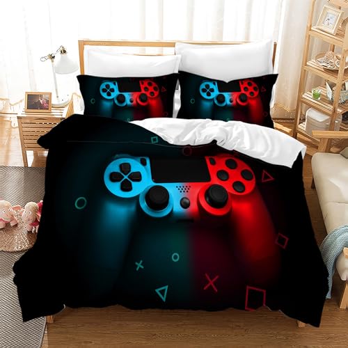 Leleyouzer 3D Gamer Bettwäsche Set,Jungen Modern Gaming Bettwäsche,Kinderbettbezug aus Mikrofaser mit Reißverschluss + 2 Kissenbezüge 50 x 75 cm (Gamepad 2, 135×200 cm) von Leleyouzer