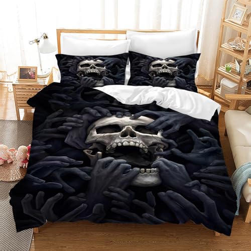 Leleyouzer 3D Totenkopf Bettwäsche Set,Totenkopf Muster Gotisch Bettbezug Für Teenager Erwachsene,Schädel Microfaser Bettwäsche mit Reißverschluss und 2 Kissenbezug 50x75cm (Schädel 3, 135×200 cm) von Leleyouzer